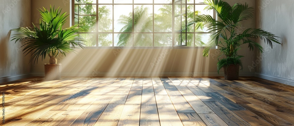 Fototapete 3D rendering of an empty room with a wood laminate floor and shadow casting sunlight on the wall. Perspective of minimal interior design.