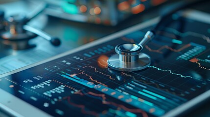 Stethoscope and medical documents on a digital tablet with a stock market graph, depicting a business concept for the healthcare industry