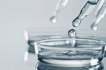 Macro shot of tiny measuring cups and droppers against a white backdrop, hyper realistic with Canon 5D Mark III