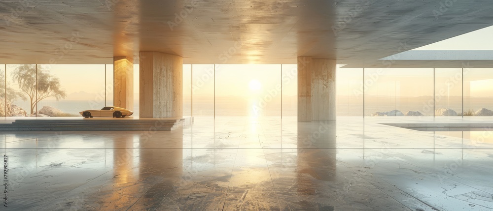 Poster an empty concrete floor in a 3d rendering of a modern architecture, is used to present a car.