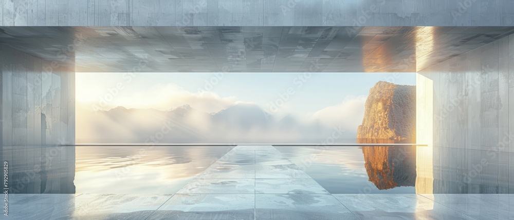 Poster A 3D rendering of a futuristic abstract glass architecture on an empty concrete floor.