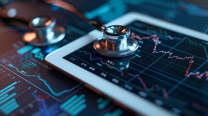 Stethoscope and medical documents on a digital tablet with a stock market graph, depicting a business concept for the healthcare industry