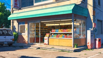 convenience store in landscape anime cartoon illustration from Generative AI