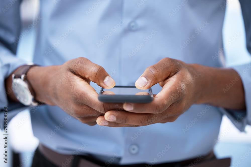 Poster hand, typing and businessman contact with phone, chat to client and scroll news of stocks. professio