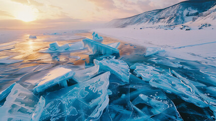 Blocks of broken blue ice on winter Baikal lake at sun