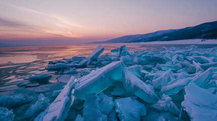 Blocks of broken blue ice on winter Baikal lake at sun
