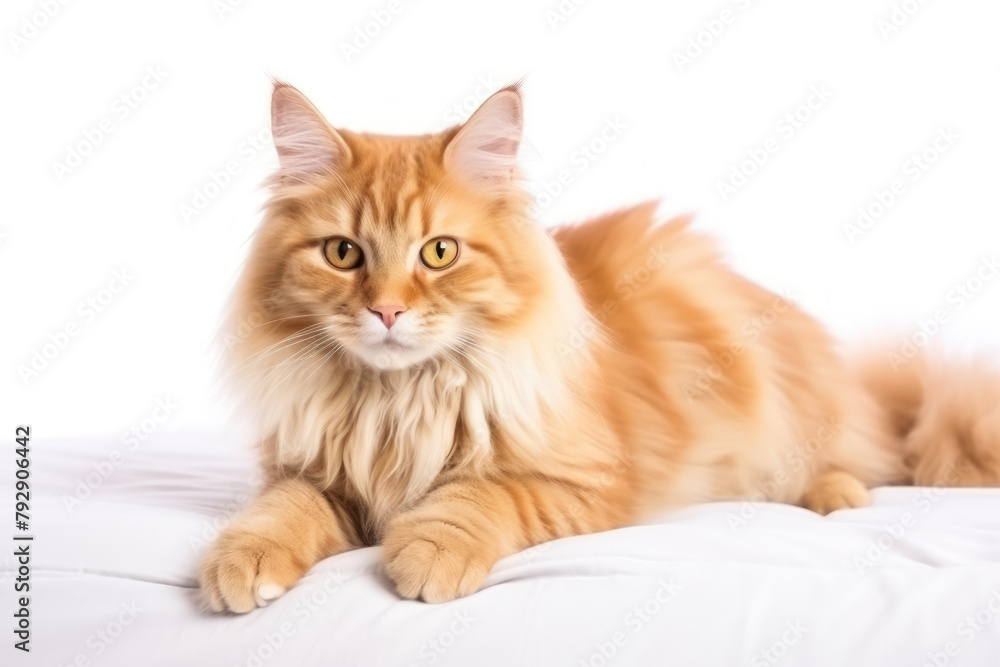 Wall mural majestic Maine Coon cat with luxurious fur resting on soft white surface