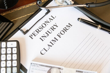 Close-up of a personal injury claim form with a stethoscope, calculator, and cash, indicating...