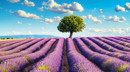Blooming lavender field with tree in Valensole 