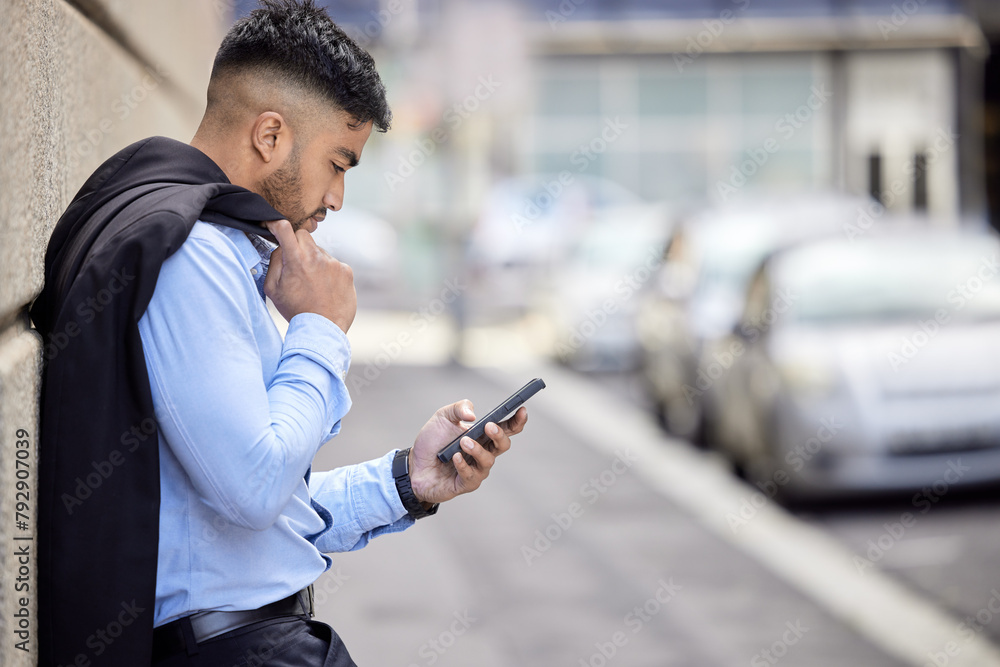 Poster businessman, reading and relax with phone in city to chat to client and scroll news of stocks. profe
