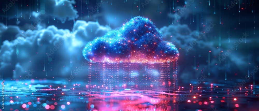 Poster Cloud computing concept with digital data storage in the shape of an icon displaying a cloud with digital rain, made up of square bits and neon lines. Computer network connects to cloud storage or