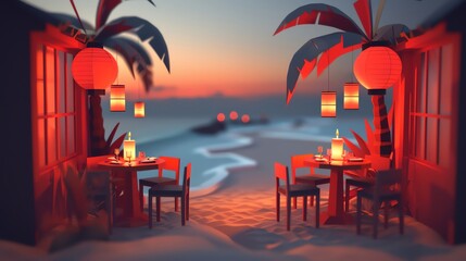 romantic twilight dinner on a beach, candlelit table, ocean waves, impressionist style, intimate and picturesque, sandy beach - obrazy, fototapety, plakaty
