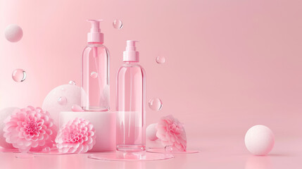 modern beauty and skincare products display with pink floral accents on pastel background