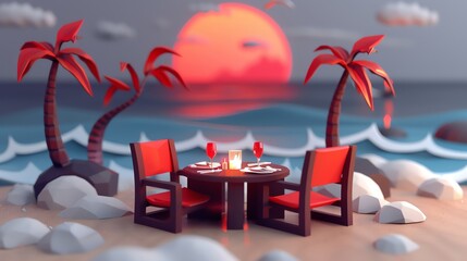 romantic twilight dinner on a beach, candlelit table, ocean waves, impressionist style, intimate and picturesque, sandy beach - obrazy, fototapety, plakaty