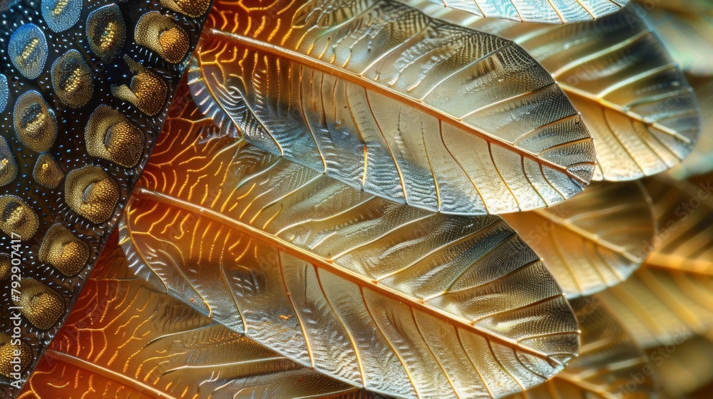 Poster an enlarged view of a beetles wing membrane displaying the precise arrangement of tiny scales and ha