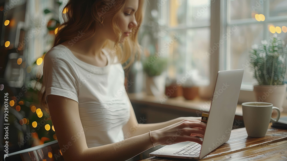 Wall mural experience the convenience of online shopping as a woman browses the web on her laptop. ai generativ