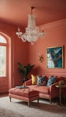 Coral Room Interior, Inviting Lounge Setup, Coral-Colored Wall