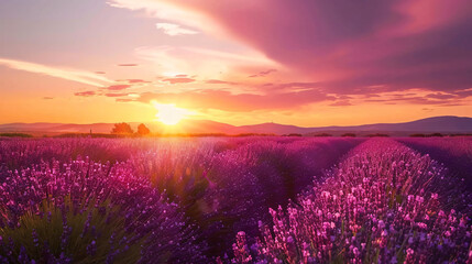 Blooming lavender fields at sunset in Valensole Proven