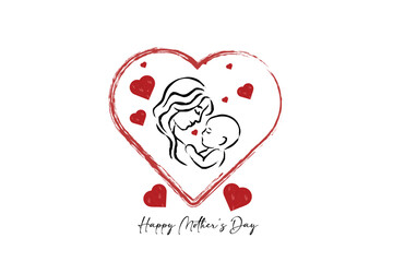 happy Mother's Day red and black vector template design, happy Mother's Day card design with red hearts on white background, a mother and kid silhouette vector illustration, silhouette of mother,