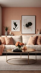 Cozy Elegance, Living Room with Peach Fuzz Wall, Spacious White Sofa, Table, and Decor, Visualized in Render