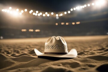 'arena rodeo sandy horse paddock ranch sand place spotlight wooden fenced interior horsemanship competition rider cattle cowboy countryside farm farming building horizontal background' - obrazy, fototapety, plakaty