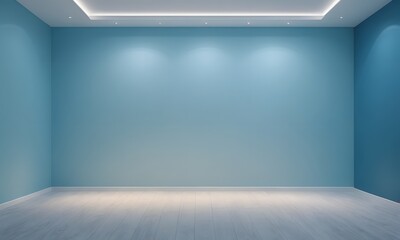 Fototapeta premium A light blue wall in the interior with beautiful built-in lighting and a smooth floor.