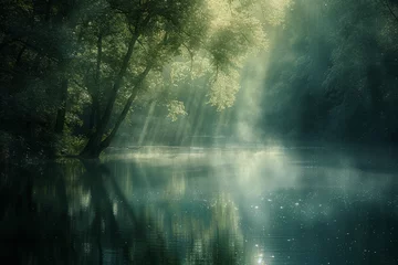Poster A tranquil landscape photograph depicting a peaceful scene of nature, with soft sunlight filtering through the trees and reflecting off a calm body of water.  © grey