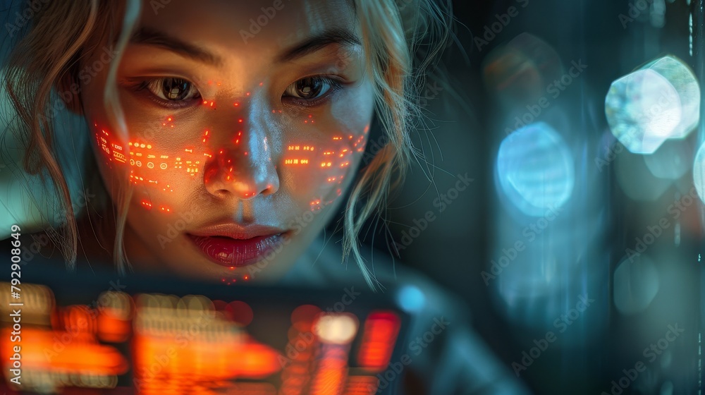 Poster An employee, employee or developer working late on futuristic technology or code overlay with a tablet and hologram at night in web design with a dashboard, interface, or hud display.