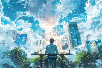 A CEO at the rooftop of a skyscraper, drawing future city plans that float into the air in watercolors