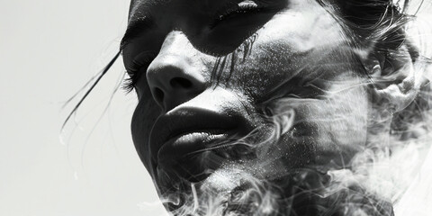 Fototapeta premium Close-up of a woman's face with wind-blown hair and smoke. Intense black and white digital portrait with a dynamic and mysterious mood. Suitable for fashion and conceptual art