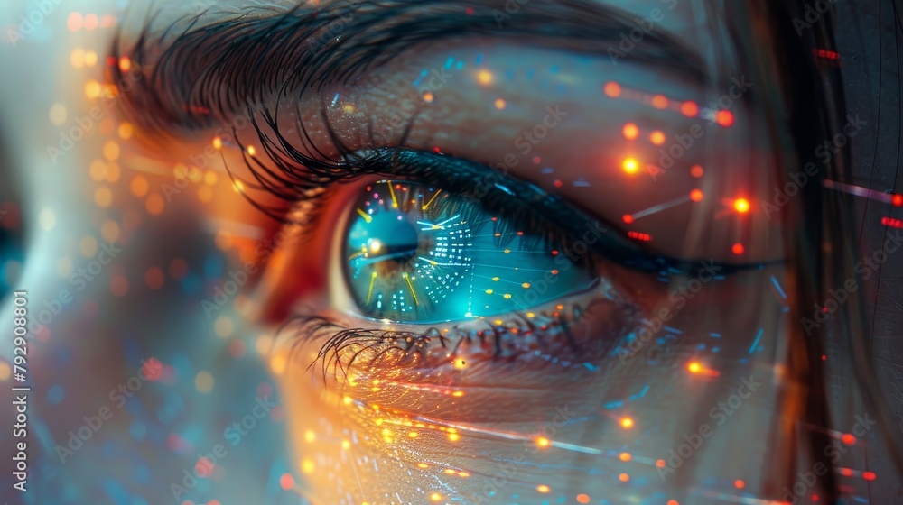 Poster Images of a beautiful woman's eye with a hologram surface, a hud interface and lines of code. Conceptual depiction of artificial intelligence, high technology, and face recognition.