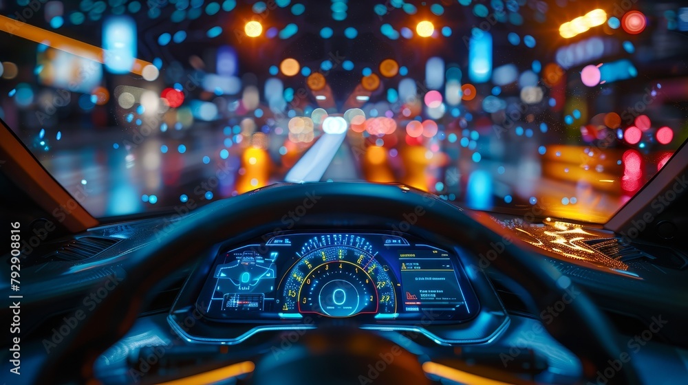 Poster the cockpit of an autonomous vehicle at night, with a digital speedometer and a hud (head up display