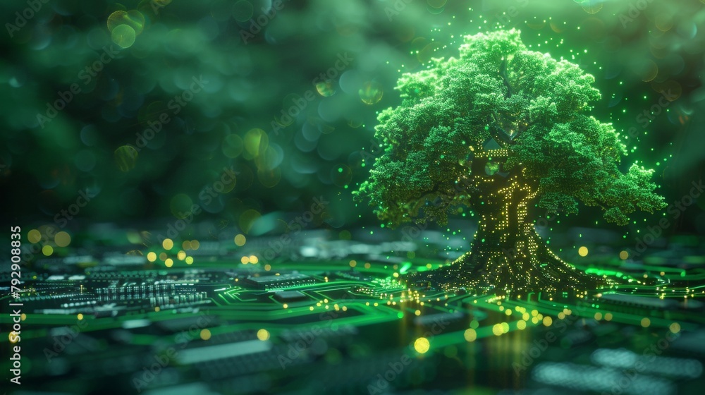 Aufkleber technology concept in futuristic polygonal style. neon tree against circuit board background. modern