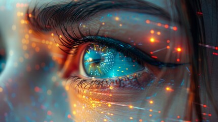 Images of a beautiful woman's eye with a hologram surface, a hud interface and lines of code. Conceptual depiction of artificial intelligence, high technology, and face recognition.