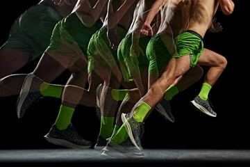 Cropped image of athletic, muscular, shirtless man in motion, running against black background with stroboscope effect. Concept of sport, active and healthy lifestyle, endurance and strength
