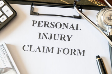 Close-up of a personal injury claim form with a stethoscope, calculator, and cash, indicating healthcare expenses. - Powered by Adobe