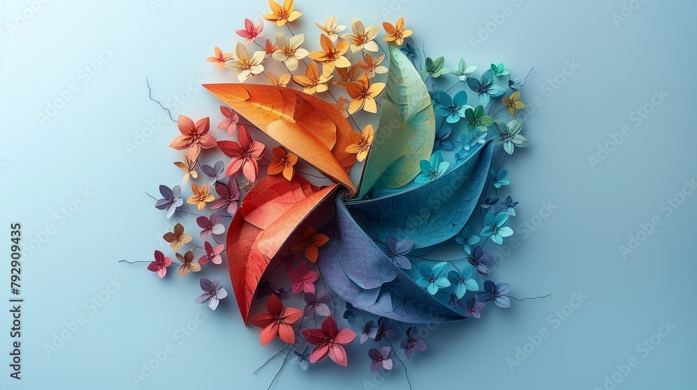 Poster informationgraphics on ecology, graphic of colourful paper turbine as background for ecology infogra