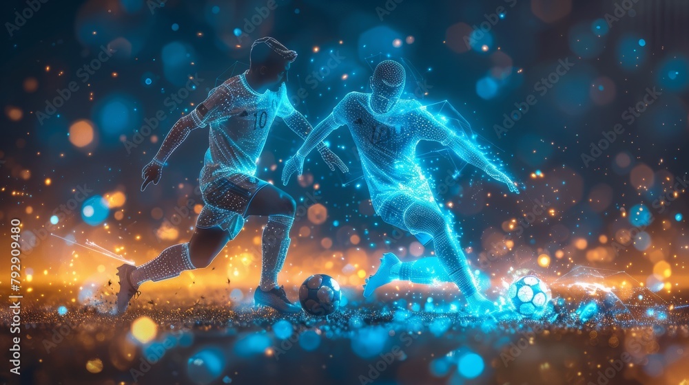 Poster wireframe low poly soccer players in a futuristic style