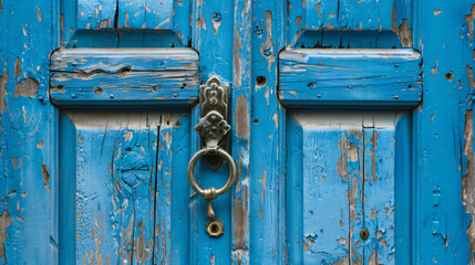 Blue-painted wooden door with antique metal handle. 