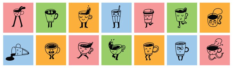 Set of retro doodle funny coffee characters posters. Vintage drink vector illustration. Latte, cappuccino, coffee cup mascot. Nostalgia 60, 70s, 80s. Print for cafe - 792909450