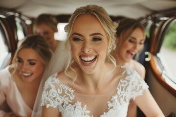 A bride and her bridesmaids are smiling and laughing in a car