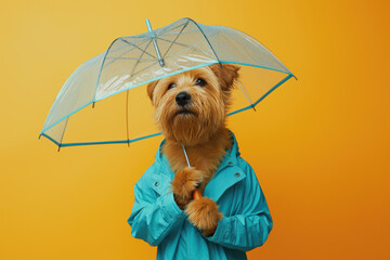 Dog in blue raincoat holding open transparent umbrella, autumn season concept - 792909697