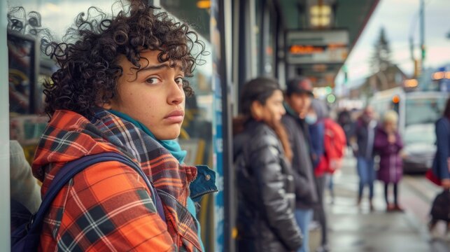 Thoughtful Young Man Waiting at a Busy City Bus Stop