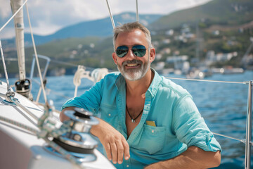 A man in a blue shirt is sitting on a boat with his hands on his hips