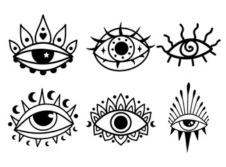 Eye boho. Lineart Vector illustration. Flower moon , Magic celestial witchcraft symbol. Masonic symbol. Hand drawn logo or emblem - 792909899