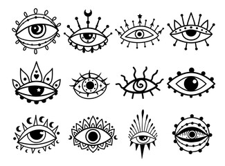 Eye boho. Lineart Vector illustration. Flower moon , Magic celestial witchcraft symbol. Masonic symbol. Hand drawn logo or emblem - 792910003