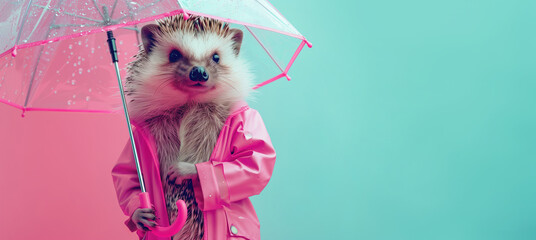 Cute girlish hedgehog in pink raincoat holding open transparent umbrella, prepared for wet weather - 792910016