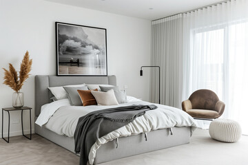 A bedroom with a large bed, a chair, and a vase