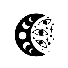 Eye boho. Lineart Vector illustration. Flower moon , Magic celestial witchcraft symbol. Masonic symbol. Hand drawn logo or emblem - 792910287