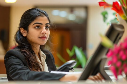 An attentive Indian receptionist answers a phone call with a helpful attitude while efficiently managing tasks at the hotel front desk.